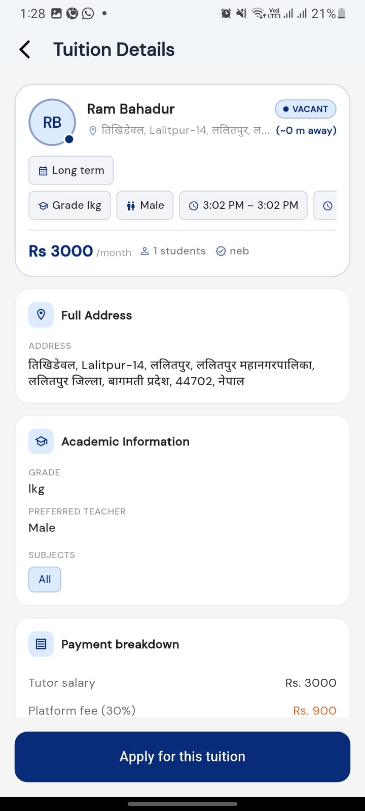 Full tuition details screen in the app