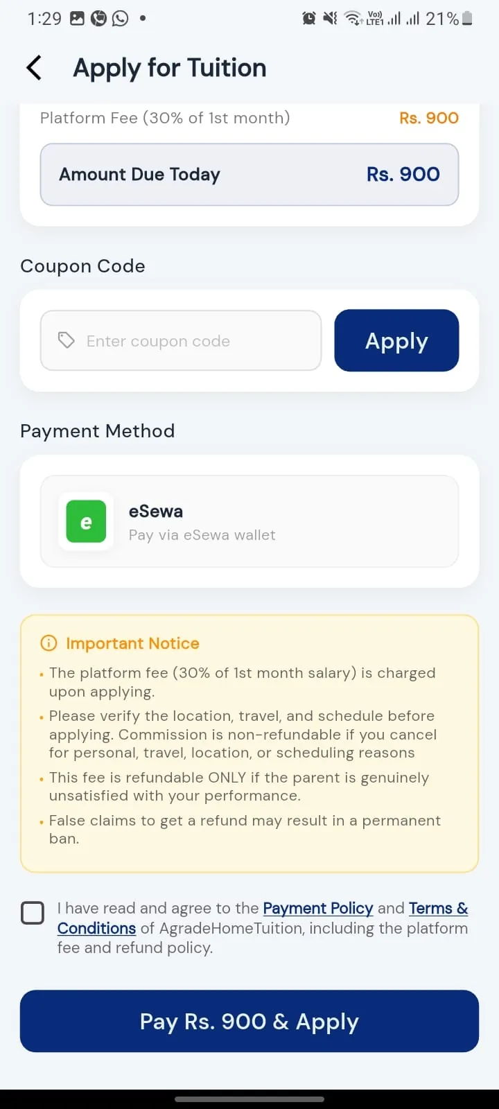 Applying and paying for a tuition in the app